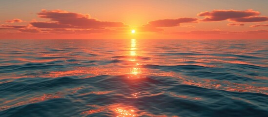 Poster - Vibrant sunset over calm ocean waters with orange and pink reflections creating spacious copy area in upper half of the image