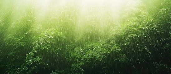 Fototapete - Lush green forest with dense foliage illuminated by soft light, rain cascading down creating a serene atmosphere and a fresh ambiance.