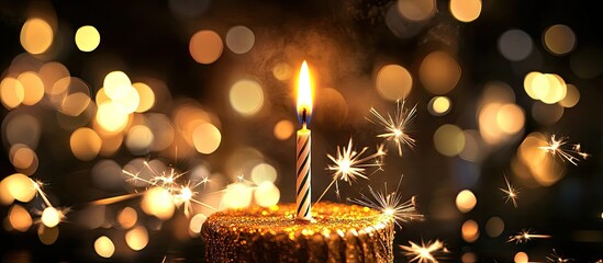 Aufkleber - Golden birthday candle glowing with a lit sparkler surrounded by a dark, bokeh background creating a festive atmosphere for a milestone celebration