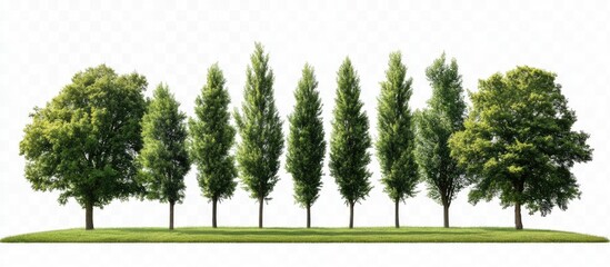 Aufkleber - Tall green trees arranged in a row on a transparent background with vibrant summer foliage showcasing varying heights and shapes of leaves.
