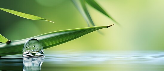 Fototapete - Water drop suspended from a bamboo leaf against a blurred green backdrop creating an elegant serene scene with ample copy space for text use