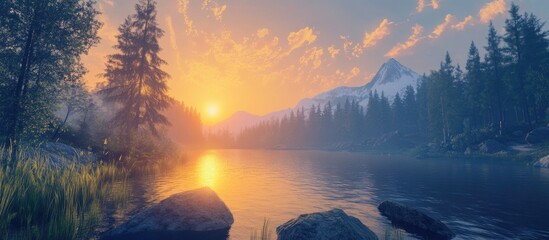 Aufkleber - Golden sunrise illuminating a serene lake surrounded by trees and mountains with soft clouds in a blue sky, reflecting warm hues on the water.