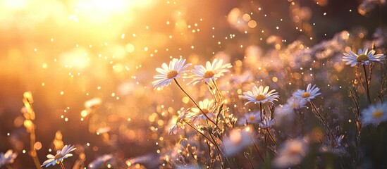 Leinwandbilder - Spring meadow at sunset with vibrant white daisies in focus and warm golden bokeh background creating a serene seasonal atmosphere.
