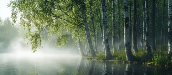 Aufkleber - Misty serenity in a tranquil forest scene with lush green birch trees reflecting in calm waters creating a peaceful atmosphere.