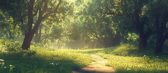 Fototapete - Sunlit forest path surrounded by lush green grass and trees, soft sunlight filtering through foliage creating a serene nature atmosphere.