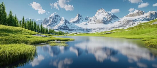 Aufkleber - Majestic snow-capped mountains with bright blue skies reflected in calm lake surrounded by lush green grassland and vibrant clouds.