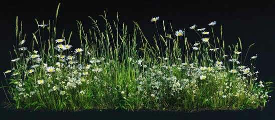 Poster - Lush green grass with white daisy wildflowers in a vibrant arrangement isolated on black for easy cutout and design use in various projects.