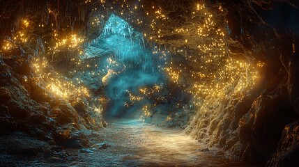 Wall Mural - enchanting glowworm cave interior mystical underground river path