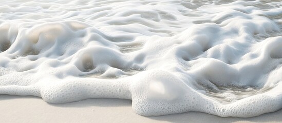 Poster - Gentle white waves creating foam on a pristine sandy shore with soft textures and light reflections highlighting the tranquility of the beach scene