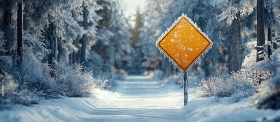 Aufkleber - Snow-covered forest path with vibrant yellow warning sign centered, surrounded by frosty trees, soft blue and white tones in winter landscape.