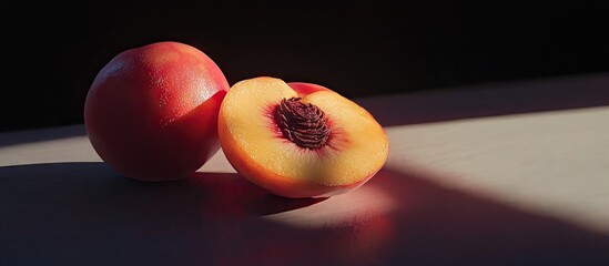 Poster - Fresh and juicy peaches showcased with one whole peach and one halved peach revealing vibrant orange flesh on a lightly lit surface.