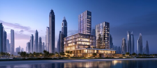Aufkleber - Modern skyline with towering glass office buildings and an expansive empty concrete square in the foreground, featuring a dusk sky with warm hues.