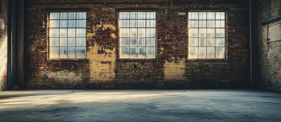 Leinwandbilder - Abandoned industrial interior featuring three large windows with natural light illuminating textured brick walls and a concrete floor in muted tones.