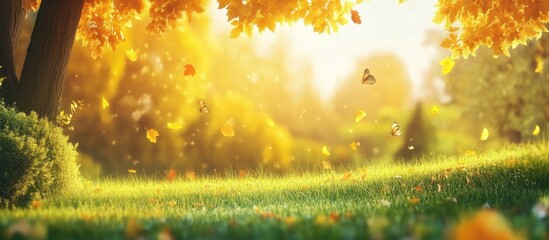 Leinwandbilder - Golden autumn sunlight filters through vibrant orange and yellow leaves in a serene park with lush green grass and gentle falling leaves.