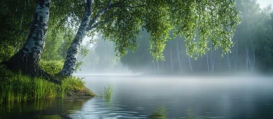 Poster - Tranquil misty lake scene with lush green birch trees on the left side, calm water reflecting soft early morning light and foggy background.