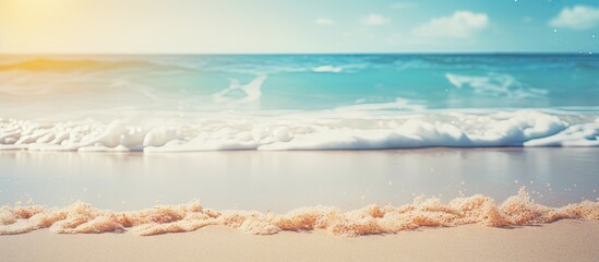Poster - Calm beach scene with gentle waves lapping at the shore under a bright blue sky with soft clouds warm golden sunlight illuminating the horizon