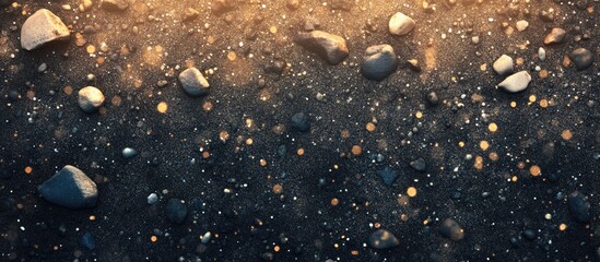 Aufkleber - Glimmering pebbles in warm sunlight create vivid contrasts against dark sandy background with dynamic textures and shimmering highlights throughout.
