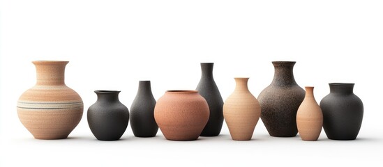 Leinwandbilder - Collection of earthenware vessels featuring various shapes and colors arranged on a white background with ample negative space for text placement.