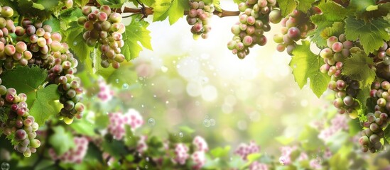 Fototapete - Fresh grapevine with young bunches and delicate pink flowers on green leaves, softly lit background creating a serene atmosphere with ample copy space.