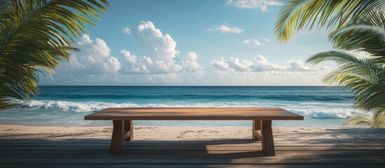 Aufkleber - Serene tropical beach scene featuring a wooden table in the foreground, lush green palm leaves frame the view, with a vibrant blue sky and gentle waves.