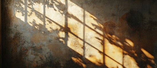 Poster - Sunlight filters through a window onto a weathered wall, creating intricate golden shadows and a warm, textured ambiance in the lower left corner.