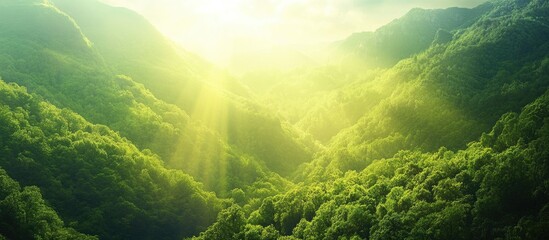 Aufkleber - Sunlight illuminates lush green mountains with vibrant hills under rays of sunlight creating a serene and tranquil natural landscape
