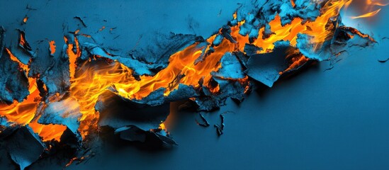 Aufkleber - Tattered burning paper displaying vibrant orange and yellow flames against a smooth blue background with a chaotic torn effect.