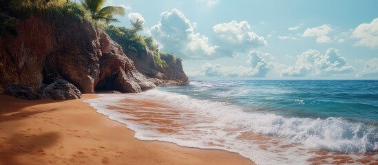 Aufkleber - Serene coastal scene at a red sandy beach featuring gentle waves and lush greenery under a bright sky, vertical format 2x3 feet for summer vibes