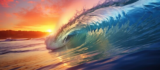Poster - Vibrant sunset over ocean waves with rich blues and oranges reflecting in crashing surf, creating a dramatic beach scene.