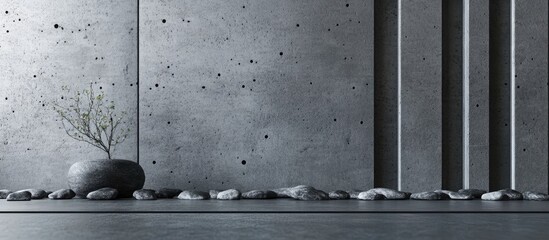 Poster - Minimalist interior featuring a black stone vase with a dried branch, surrounded by smooth stones against a textured gray concrete wall.