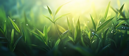 Fototapete - Lush green grass with dew drops illuminated by soft sunlight in a serene, blurred background evoking a tranquil nature setting.