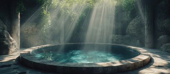 Aufkleber - Serene circular stone pool surrounded by lush foliage and illuminated by gentle rays of sunlight filtering through, creating a tranquil atmosphere.