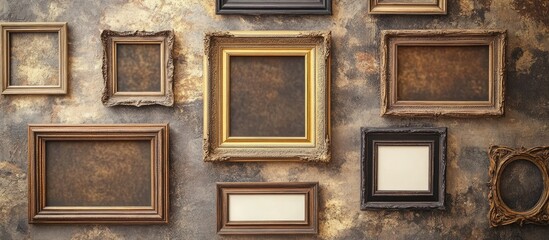 Poster - Rustic wooden picture frames in various shades of brown and gold arranged asymmetrically on a textured wall showcasing vintage art display.
