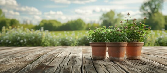 Poster - Three terracotta pots with green herbs placed on a rustic wooden table, set against a vibrant green landscape and blue sky with fluffy clouds.