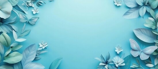 Aufkleber - Pastel blue background adorned with delicate blossoms and butterflies framed by lush green leaves creating a serene springtime ambiance