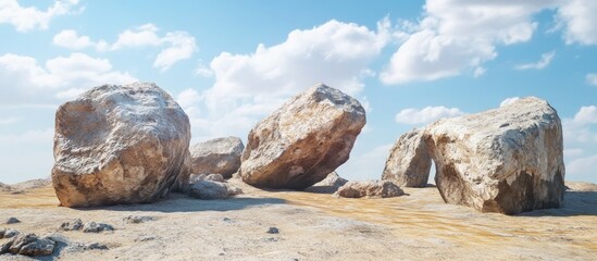 Aufkleber - Majestic rugged sandstone boulders positioned in a luminous landscape under a clear blue sky with fluffy white clouds showcasing textures and details.