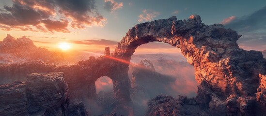 Poster - Majestic rocky arch at sunrise with vibrant orange and pink hues illuminating clouds and mountains in the background, creating a serene landscape.