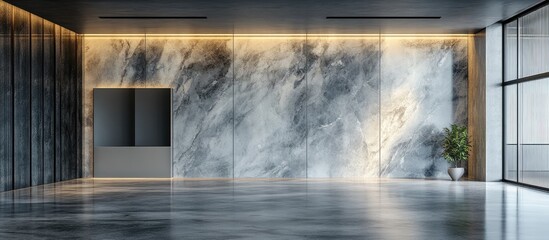 Aufkleber - Modern minimalist interior featuring a dark marbled wall, large windows, a plush floor with subtle reflections, and a green potted plant in the corner.