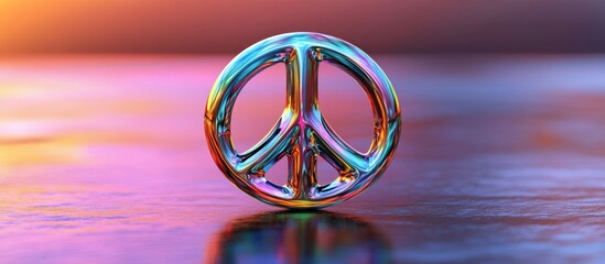 Poster - Colorful reflective peace symbol centered on a smooth surface with a vibrant gradient background featuring shades of purple, blue, and orange.