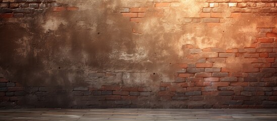 Fototapete - Grunge background featuring a sunlit red brick wall with warm earthy tones and texture, providing ample copy space for design elements.