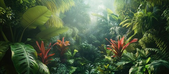 Aufkleber - Lush tropical rainforest with vibrant green and reddish foliage, soft light filtering through dense leaves, creating a serene botanical environment.