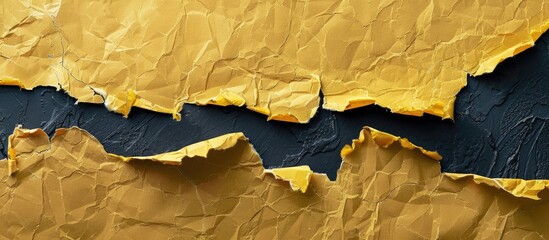 Leinwandbilder - Crumpled yellow paper scrap with jagged edges positioned at the top left on a solid black background creating dramatic contrast with copy space.