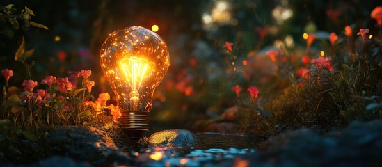 Poster - Luminous light bulb amidst vibrant flowers in a serene landscape creating an enchanting otherworldly atmosphere with warm golden glow and rich greens