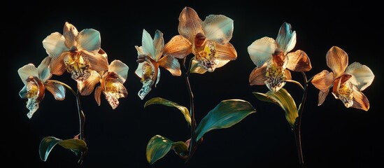 Aufkleber - Elegant arrangement of four orchids with creamy petals and warm orange accents against a smooth dark background, ideal for high resolution wallpaper.
