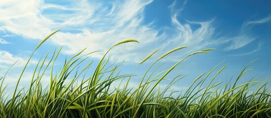 Aufkleber - Graceful tall grass sways gently against a clear blue sky with wispy white clouds creating a serene nature scene in vibrant green hues.