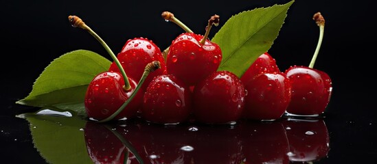 Poster - Vibrant red sour cherries with green leaves reflected on a black glossy surface showcasing their glossy texture and rich color contrast.