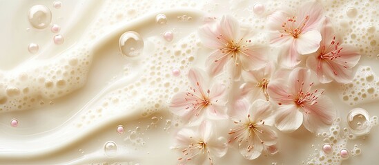 Poster - Exquisite pale pink flowers delicately arranged in creamy white milk with soft pink bubbles creating a stunning and serene visual composition