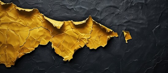 Fototapete - Tattered yellow paper scrap on a textured black background positioned at the top creating an elegant contrast with ample copy space below