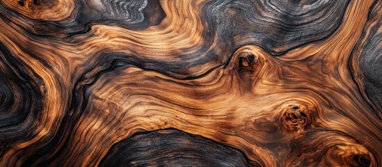 Poster - Close-up view of rich walnut wood texture with swirling dark browns and gold tones, highlighting natural patterns ideal for furniture design