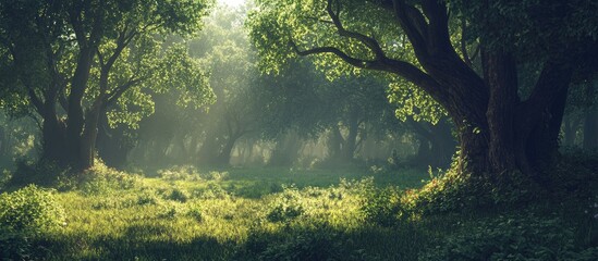 Fototapete - Serene spring forest scene with lush green trees and dappled sunlight filtering through the canopy, creating a tranquil natural backdrop.